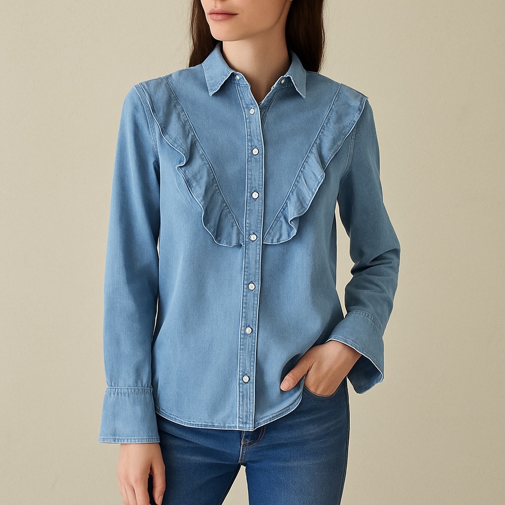 Chelsea & Violet Denim Blue Ruffle Button Down Long Sleeve Top Size L Cotton